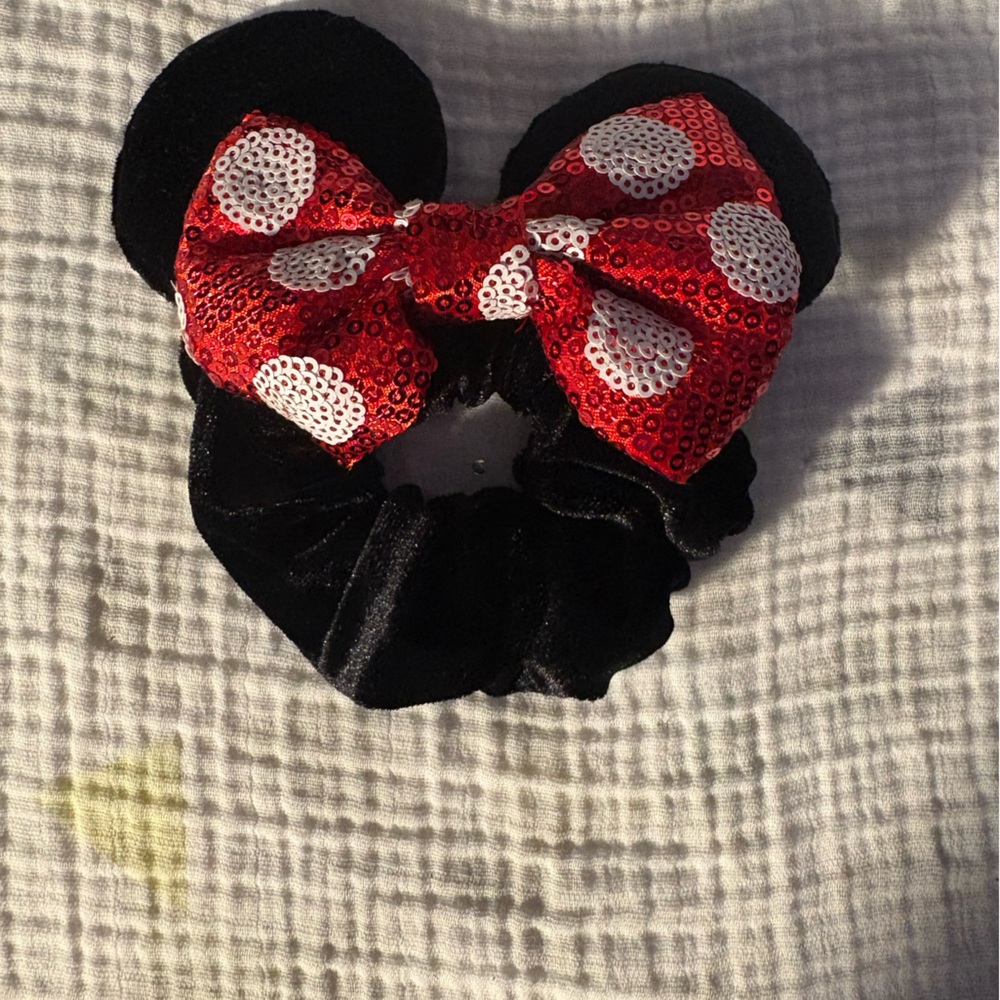 Red and Black Polka Dot Minnie Mouse Bow Hair Scrunchie